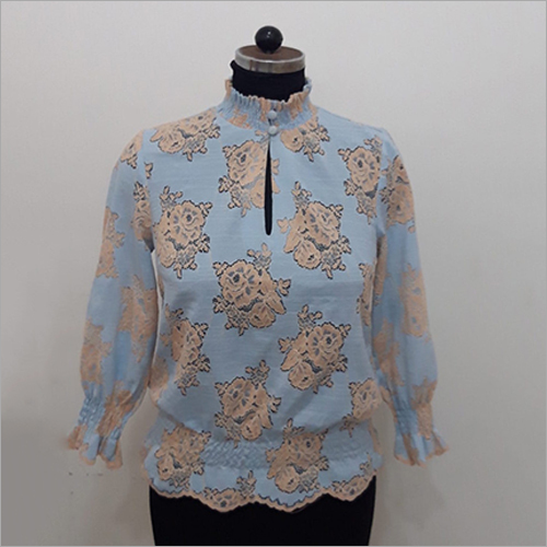 Blue Net Top - 88% Poly 12% Elasthan, Size S-XXL | Printed Digital Blocking Pattern, Stretchable Fitting with Elastic Neck and Arm