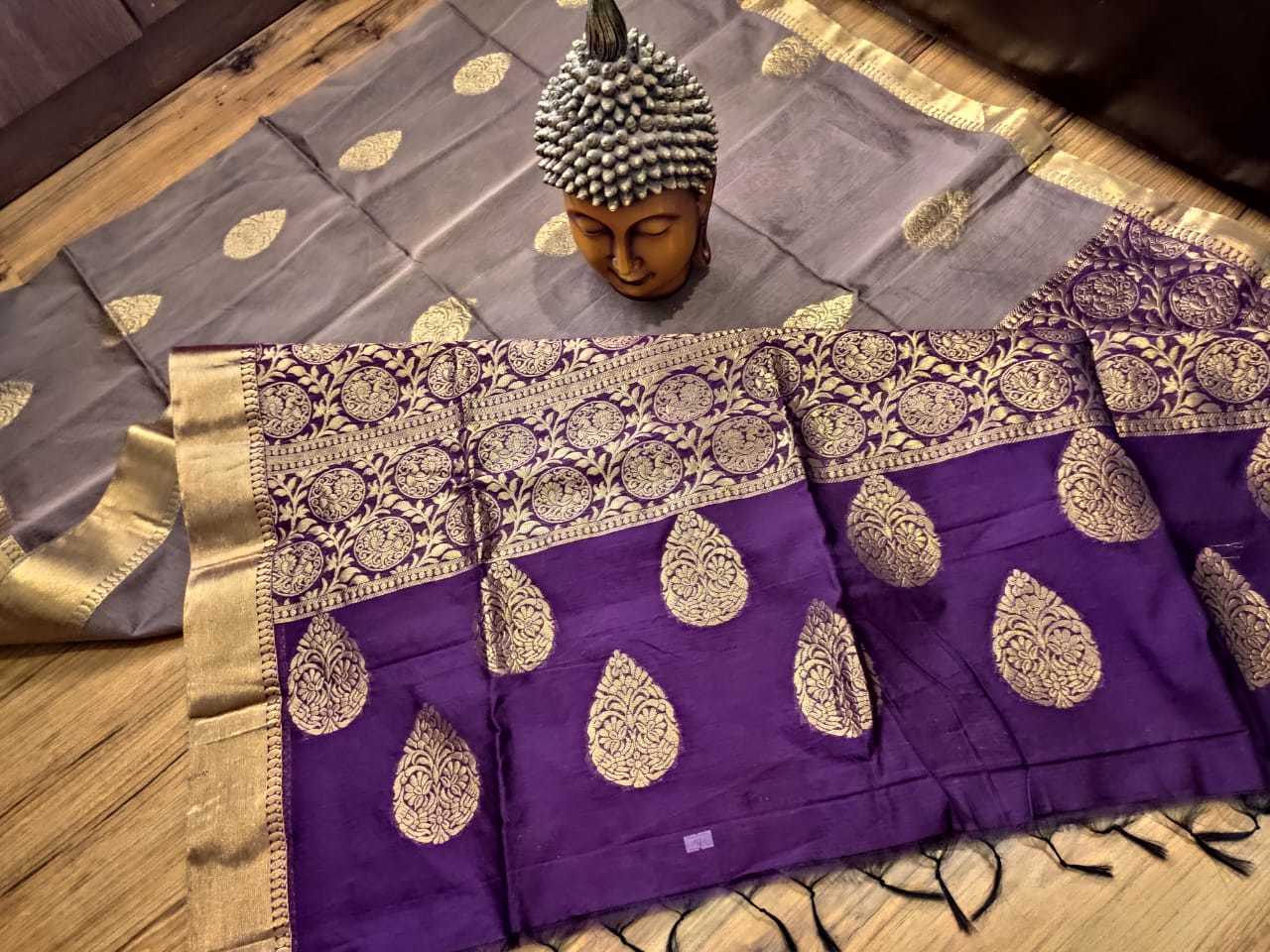 Silk Cotton Butta Saree Grey With Purple Combination