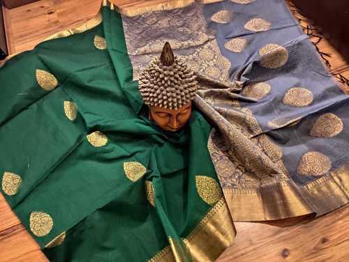 Silk Cotton Saree Green With Grey Combination