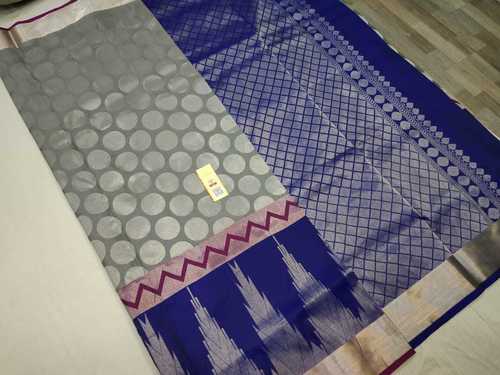 Pure Silk Saree All Self Grey With Blue