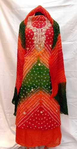 Red And Green Printed Design Gottapati Suit - Application: Women Material