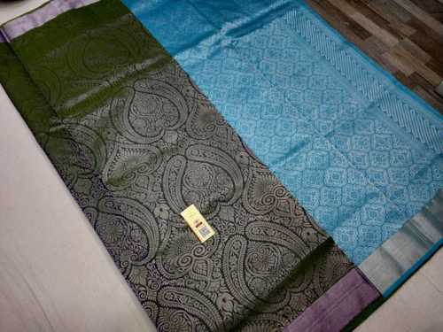 Pure Silk Bridal  Saree Dark Grey With Sky Blue Combination