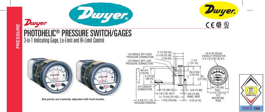 Dwyer A3010AV Photohelic Pressure Switch Gauge Range 0-10 Inch w.c./2000-12500 FPM.