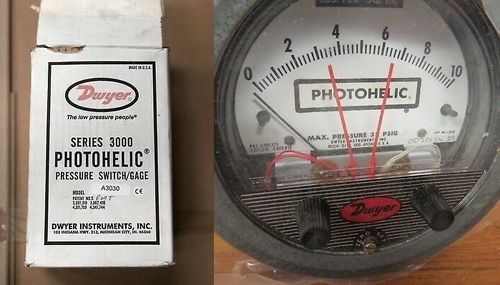 Dwyer A3030 Photohelic Pressure Switch Gauge Range 0-30 Inch w.c.