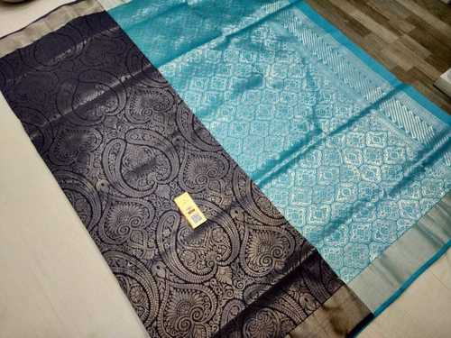 Pure Silk Bridal Saree Dark Grey With Blue