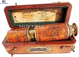 NauticalMart 16Inch Brass Ship Telescope/Brass Spyglass Leather Carving Bounded with Hardwood Box