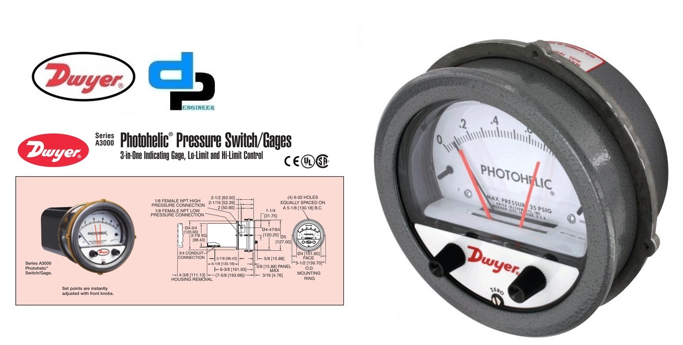 Dwyer A3202 Photohelic Pressure Switch Gauge Range 0-2 psi