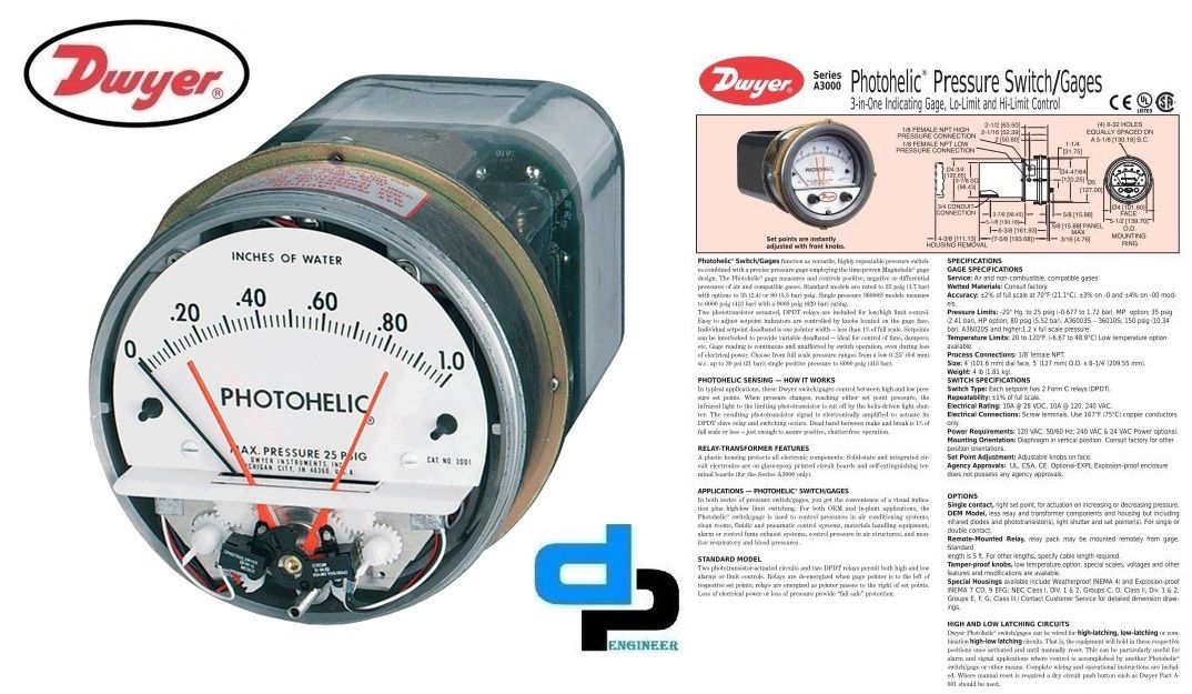 Dwyer A3202 Photohelic Pressure Switch Gauge Range 0-2 psi