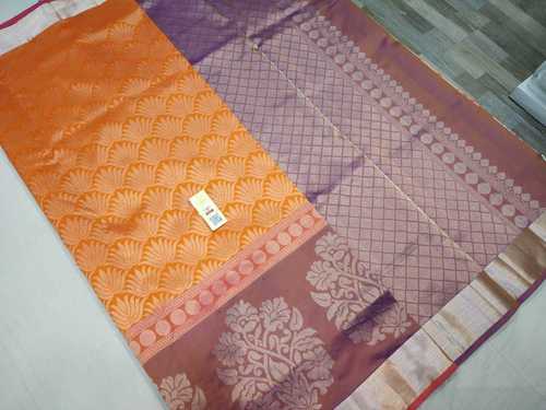 Party Wear Pure Silk All Self Saree Orange With Pink