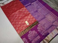 Pure Silk All Self Saree Red With Purple