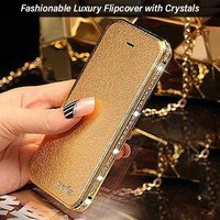 Ptron Swarovski Crystal Metal Frame Bumper Flip Cover For Iphone 6 - Pu Leather + Crystal Diamonds + Metal Frame + Lining Cloth, Gold Design For Ultimate Protection