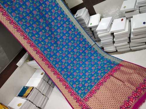 Banarasi Saree Sky Blue With Pink and Gold Combination