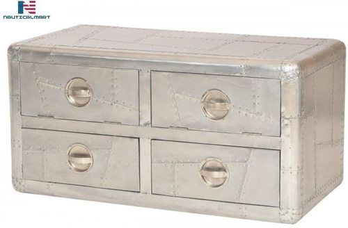 NauticalMart Designer Coffee Table Aluminum with Drawers - Vintage Look