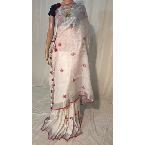 PURE LINEN BY LINEN 120 COUNT MACHINE EMBROIDERY SAREE.