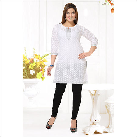 White Chikan Kurtis Length: 44 Inch (In)