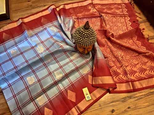 Party Wear Pure Silk Checked Saree With Aravatta Butta Grey With Red Combination