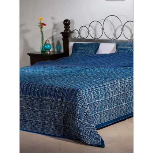 Kantha Work Cotton Block Print Bed Cover Or Quilt Both Uses With 2 Cushions-Inside Cotton-Poly Fiber Sheet