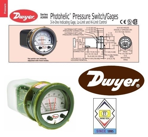 DWYER PRESSURE GAUGE PHOTOHELIC A3301 with DWYER AMPLIFIER RELAY 13-200861-01 