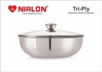 Nirlon Stainless Steel Tri-Ply Deep-Fry Pan Tasla, Deep Kadai with lid , Deep Tasla Triply cookware