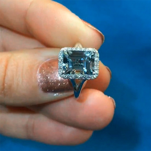 Emerald Cut Aquamarine Halo Engagement Ring 925 Sterling Silver Ring Gender: Women