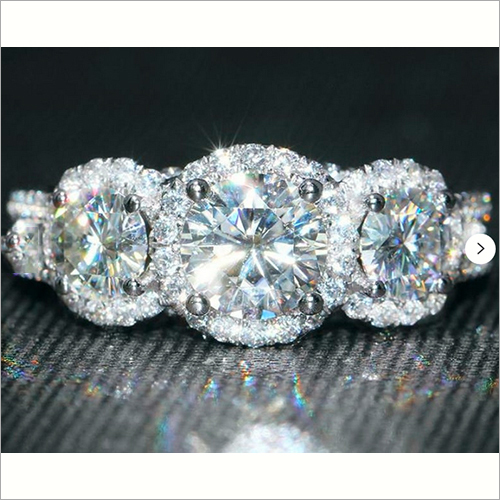Round Cut Simulated Diamond Three Stone Halo Engagement Silver Ring Gender: Women