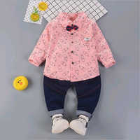 Baby Shirt With Pant Set - Cotton Blend, Sizes S/m/l , Pink Shirt With Feeding Bottles Print And Bow, Comfortable Blue Pants, Trendy Style For Kids