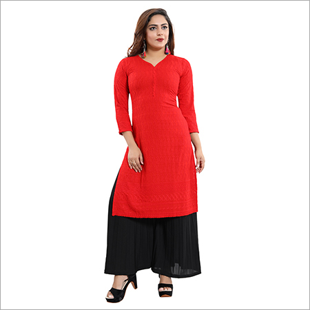 Ladies Rayon Chikan Plain Red Kurti