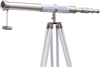 Nautical Floor Standing Chrome White Leather Admiral Telescope 60" - Telescope with Free Gold Wire Basket By Nautical Mart Inc.