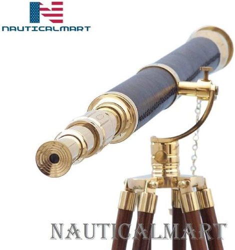 Nauticalmart Floor Standing Brass-Leather Galileo Telescope 65" - Brass, 65" Height, 15x Magnification, Wooden Tripod