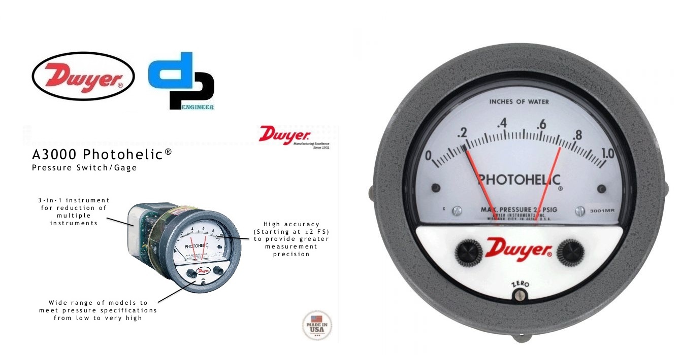 Dwyer Photohelic Series A3000 Pressure Switch/Gauge Range 2-0-2WC Range 2-0-2WC Dwyer Instruments A3304 