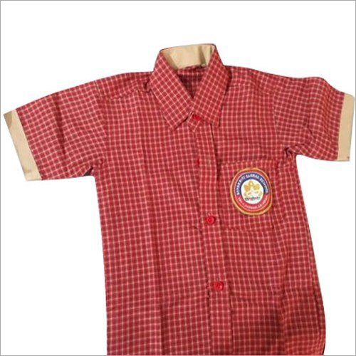 School Uniform Shirt - Checked Cotton Fabric, Half Sleeves with Turn-Down Collar, Customized Logo Embroidery, Breathable and Sweat Absorbent