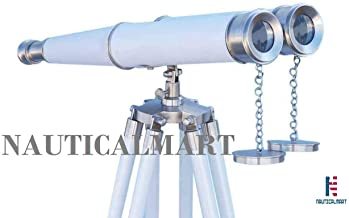 Floor Standing Admiral Nickel/White Leather Decorative Binocular Telescope 62" inches