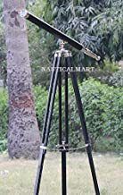 Nautical Floor Standing Decor Telescope Black Wooden Stand, Nickel Plated, Faux Leather