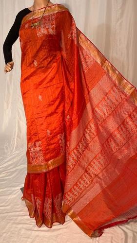 Plain Pure Dupion Raw Silk Handloom Party Wear Sarees, With Worli Weaving Border And Pallu.