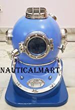 NauticalMart Hand Crafted Blue Copper Scuba Morse Boston Brass Diving Helmet US Navy Divers Helmet with Heavy Duty Wooden Stand