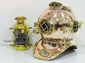 Copper Brass Mark V Diving Divers Helmet with Nautical Oil Lamp Lantern