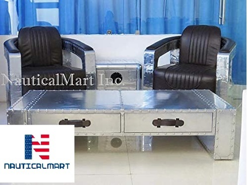 Vintage Aluminum Aviator Chair with Black Hawk Coffee Table Trunk Industrial Office & Home Furniture By Nautical Mart Inc.