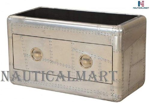Nauticalmart Casa Padrino Art Deco Designer Aircraft Aluminum Coffee Table With Drawer And Glass Surface - Vintage Look Flyers Chest