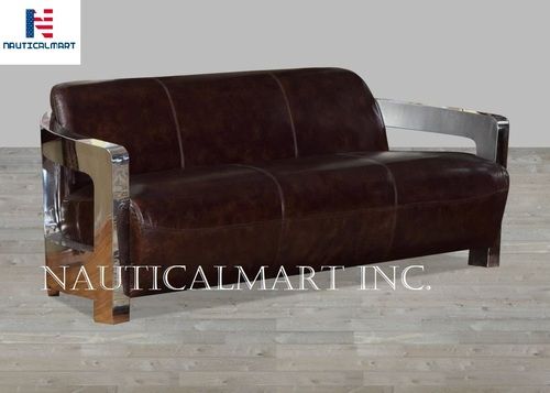 NAUTICALMART Collection 79" Brown Leather Top Grain Vintage Sofa Chrome Arms