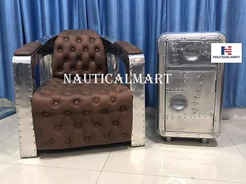 Furniture Modern Industrial Aviation Accent Arm Chair With Side Drawer Table