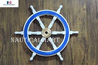 Wood Brass Decorative Ship Wheel Nautical Home Decoration Gifts Wall Sculptures White Washed Wood Ship Steering 24'