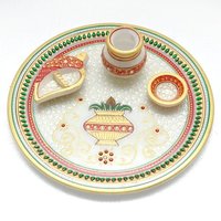 Marble Pooja Thali - 9 Inches Multicolor Marble Thali | Customized With Logo & Packaging, Antique Imitation Style, Ideal For Religious Activities & Home Decoration