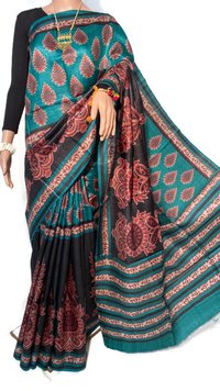 PURE TUSSAR SILK BLOCK PRINTED SAREE.