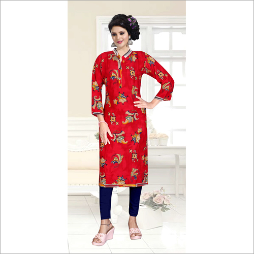 Ladies Collar Designer Kurti - Cotton Blend, Size: M, L, XL, XXL | Printed Pattern, Long Sleeve, Quick Dry, Washable, Dry Clean Only