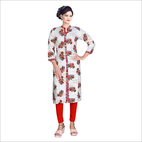 Ladies Printed Kurti - Cotton Fabric Size M/L/XL/XXL Ivory White with Red Legging | Long Sleeve Quick Dry Washable No Fade Stylish Design for All Seasons