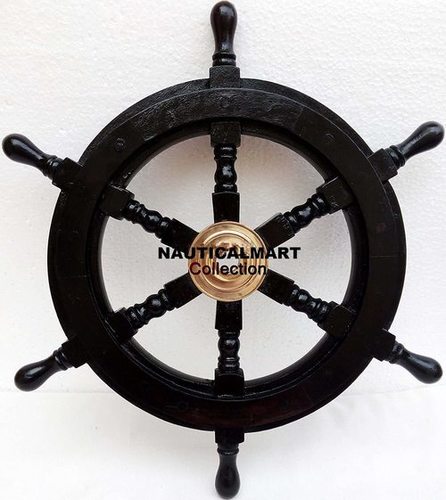 Nautical Wooden Ship Wheel Pirate Captain Brass Boat Steering Home Wall Decor