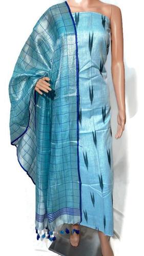 Sky Blue Top- 2.5 Mtrs Ikkat Cotton Dupatta -2.15 Mtrs Tissue By Linen Suits.  (No Bottom)