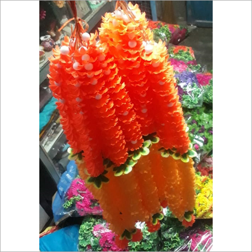 Plastic Flower Mala - Artificial Material, Various Sizes , Orange Decorative Design with Intricate Patterns, Washable Feature