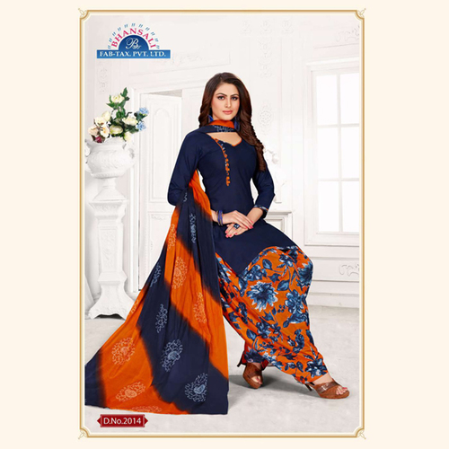 Ladies Round Neck Fancy Suit - Cotton, Blue-Orange Print | Features: Dry Clean, Quick Dry, No Fade, Washable for All Seasons