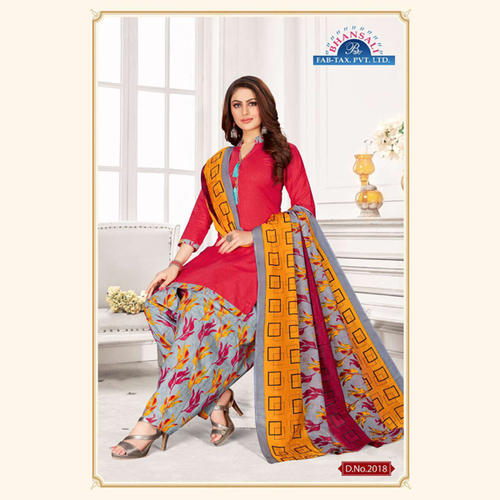 Ladies Patiala Suit - Cotton, Printed Design | Colors: Grey-Orange-Pink, Features: Quick Dry, Washable, No Fade, Suitable for All Seasons